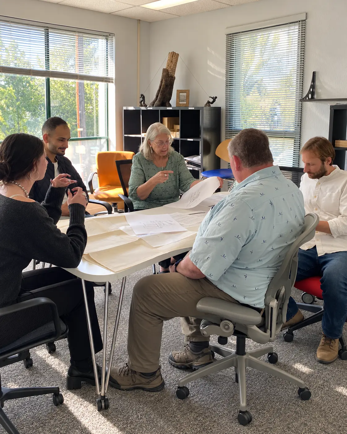 The Cathexes team collaborating around architectural plans