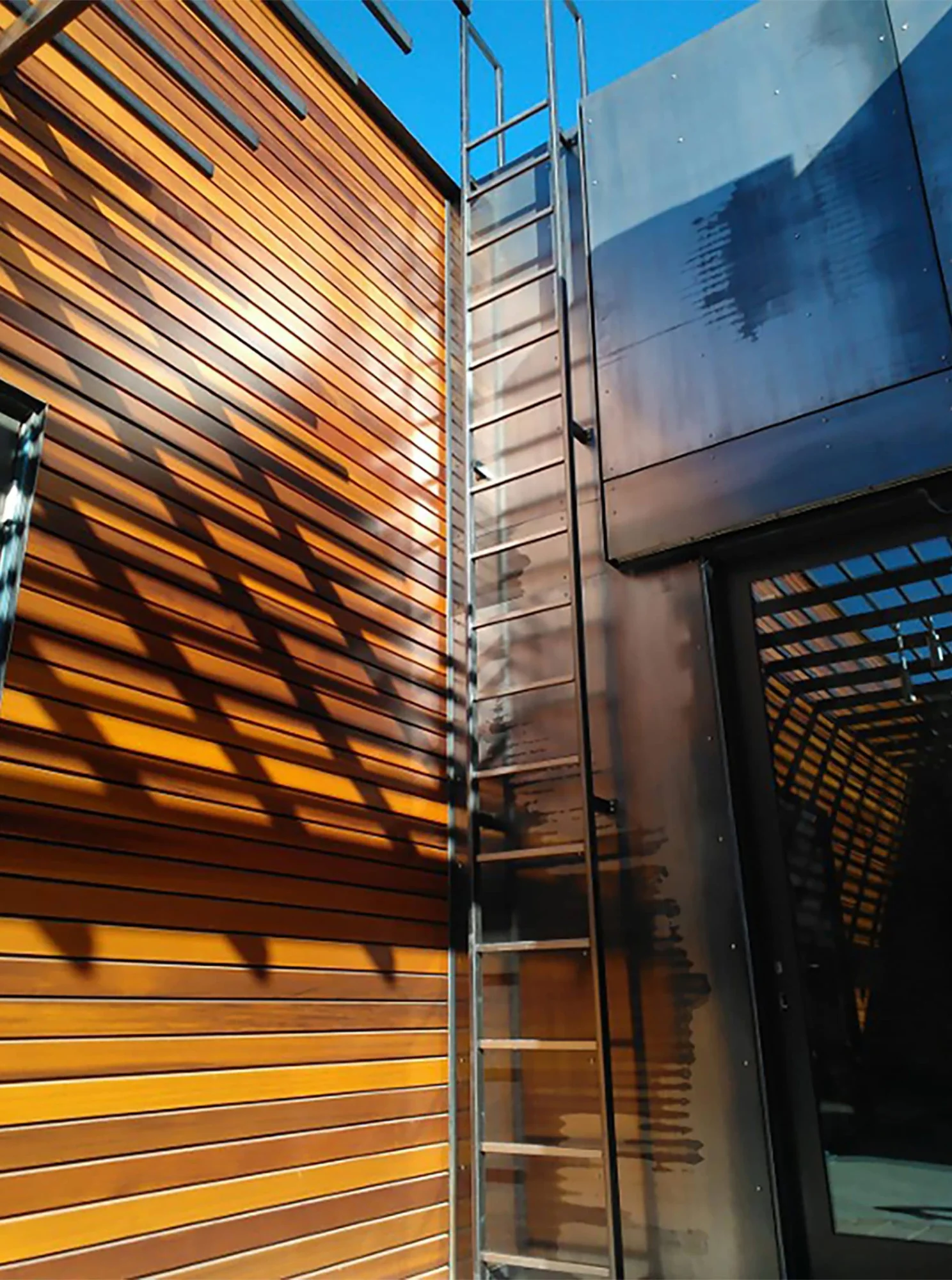 Warm cedar siding beside zinc panels and a steel ladder