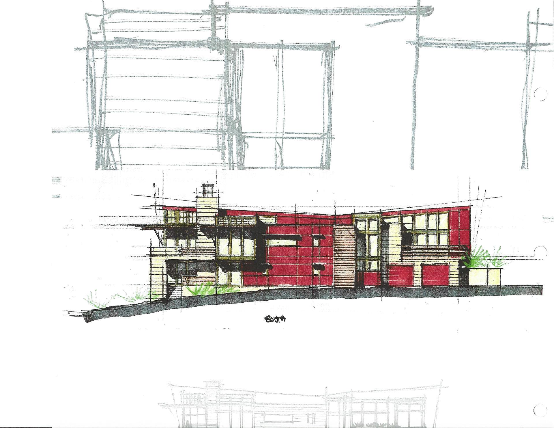 Hand-drawn colored south elevation sketch of the house