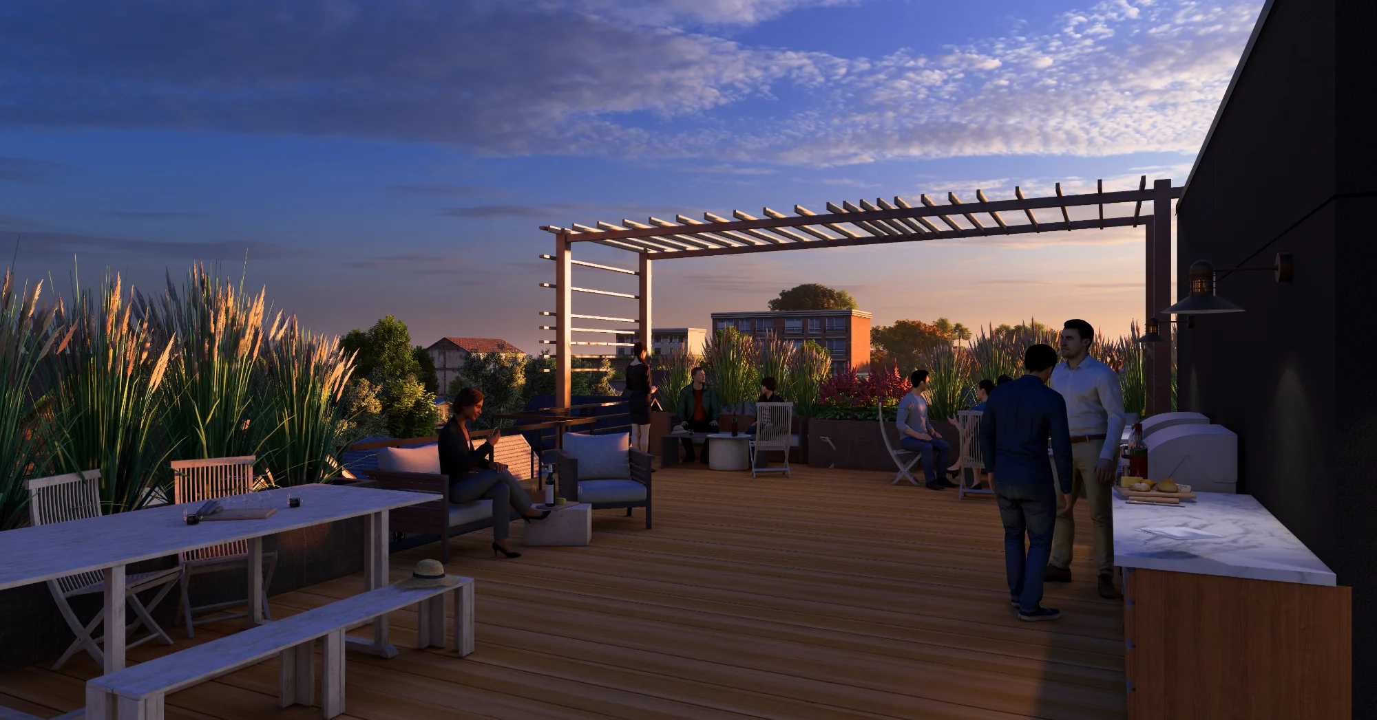 Rooftop terrace with dining tables at dusk