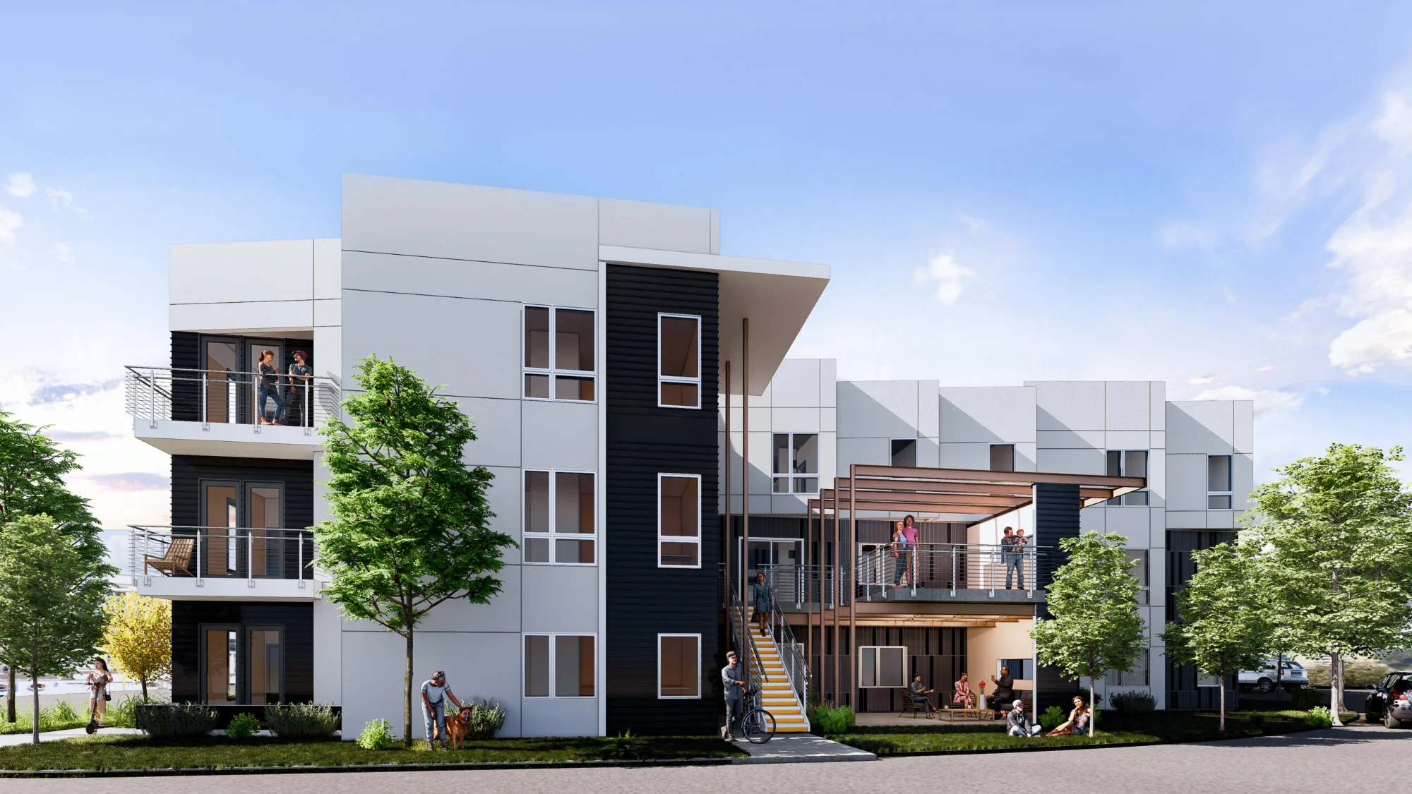 Rendering of the rear of the building with trees, balconies, and an open-air stair