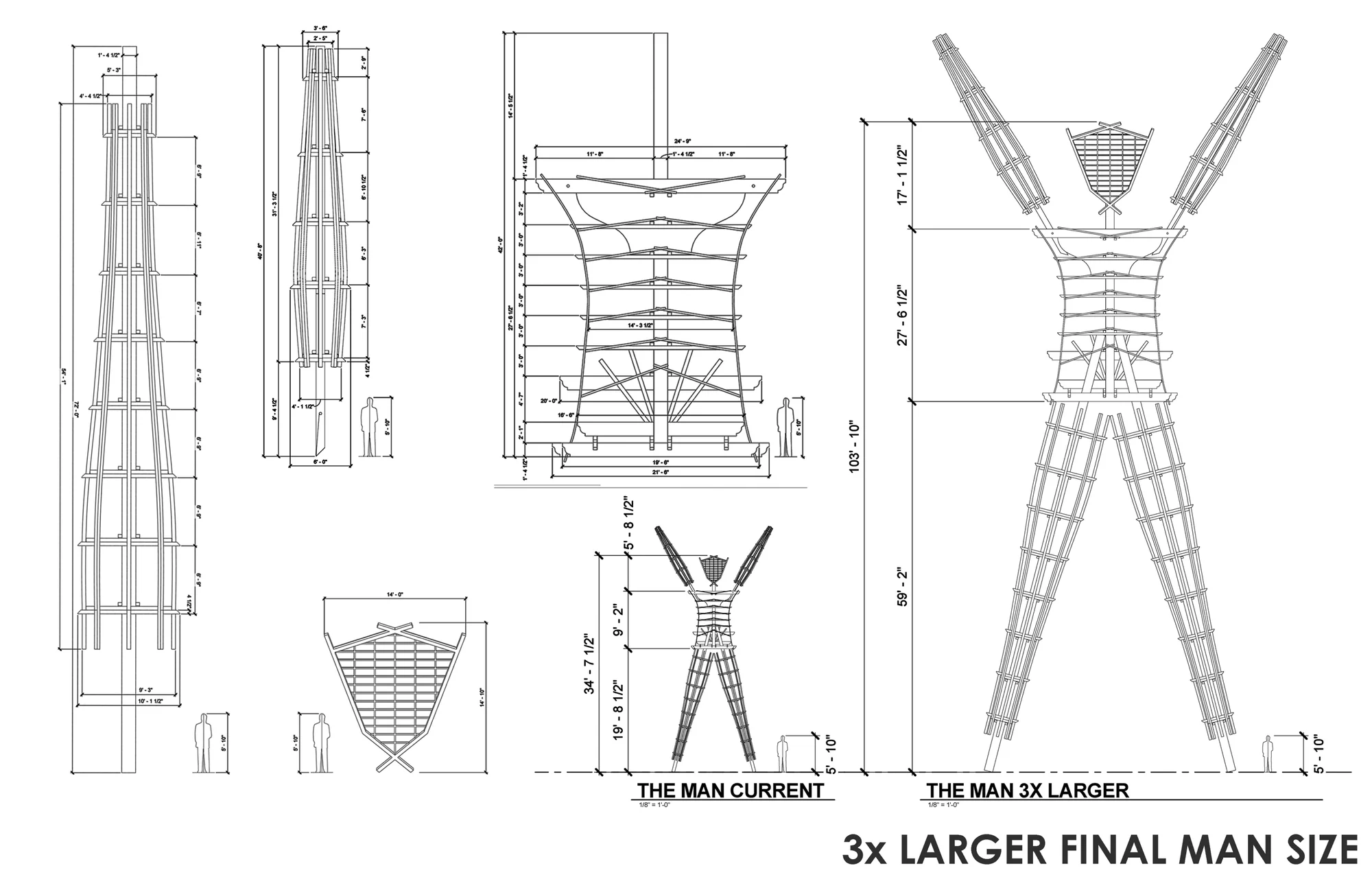 Drawings comparing the previous Man with the final Man at three times the size