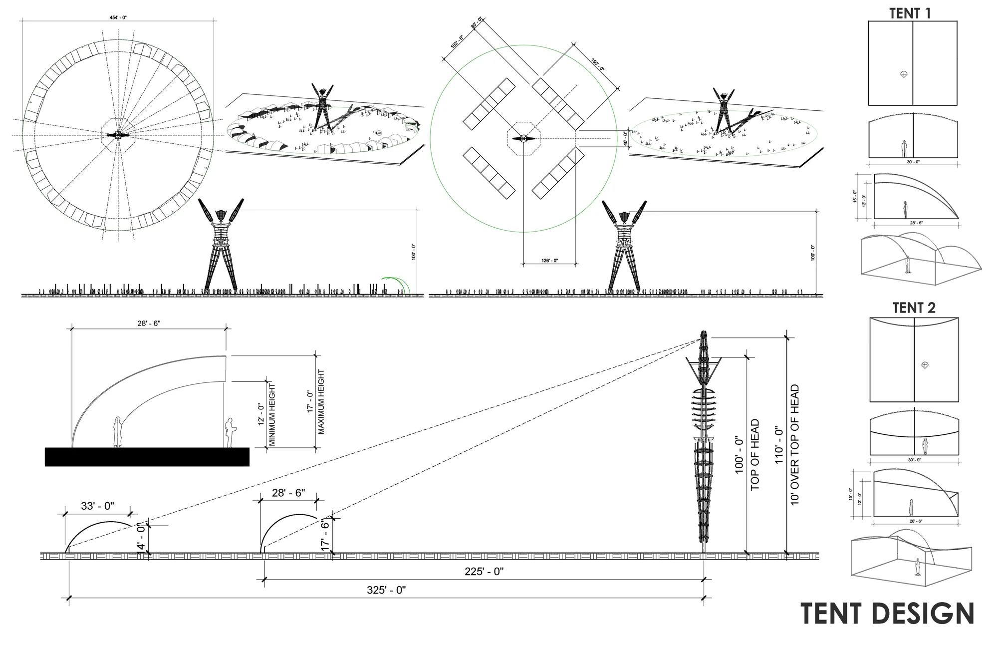 Plans, sections, and elevations of the tent ring around the base