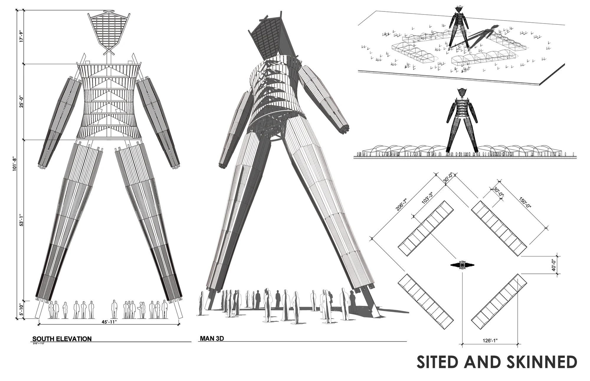 Elevations of the Man with its skin, and site plan