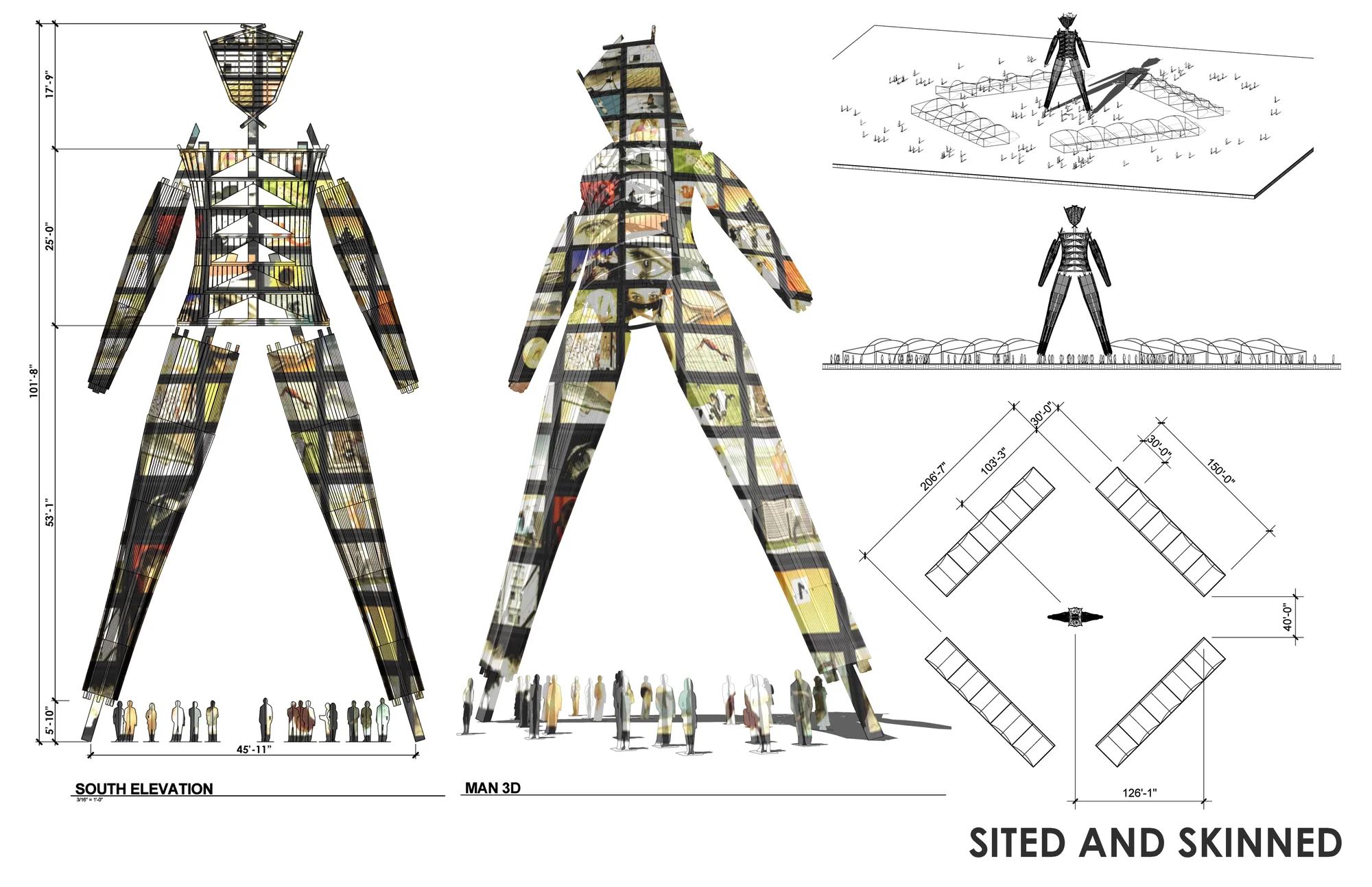 Color elevations of the skinned Man with the site plan