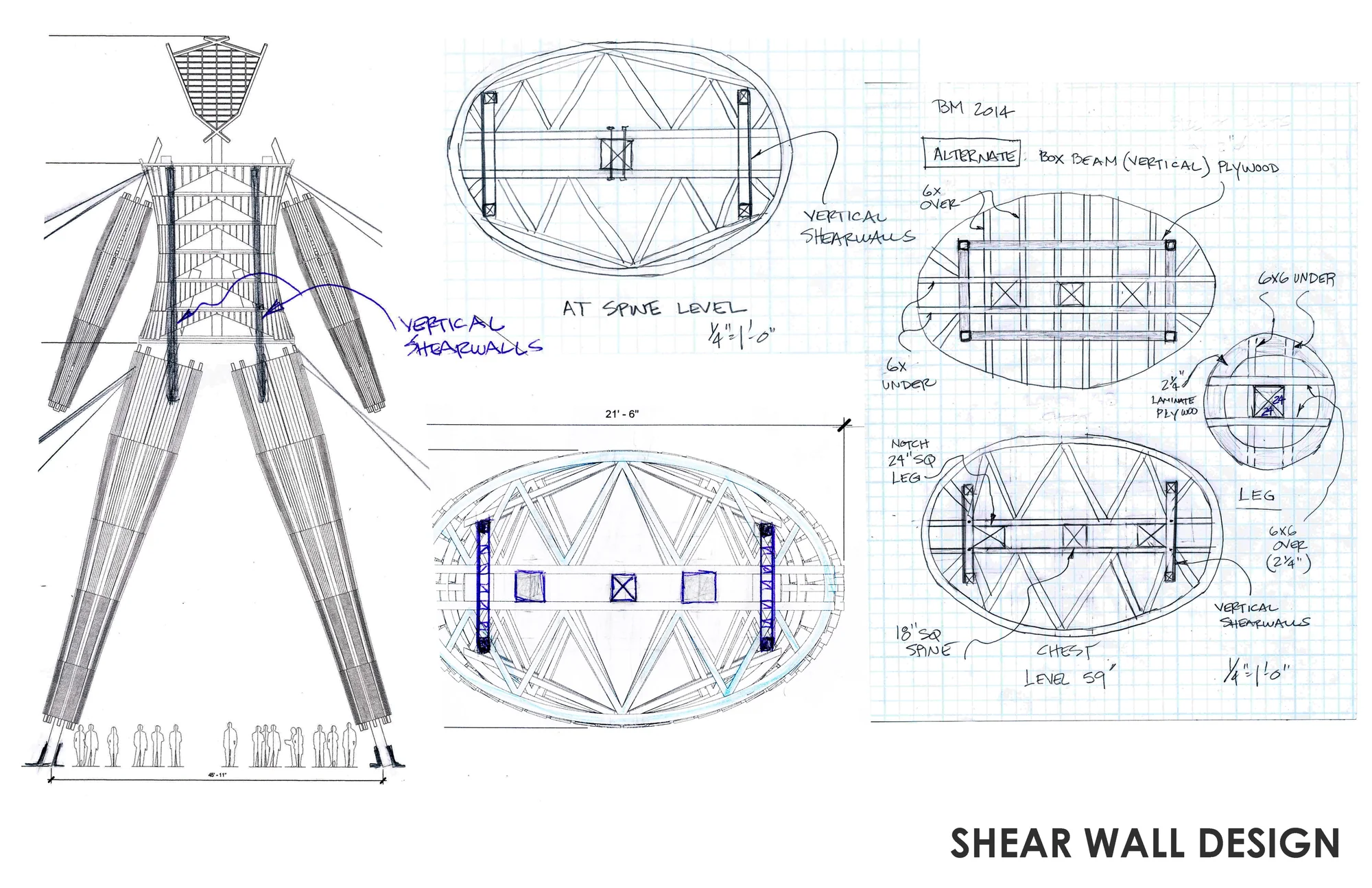 Shear wall diagrams through the legs and body of the Man