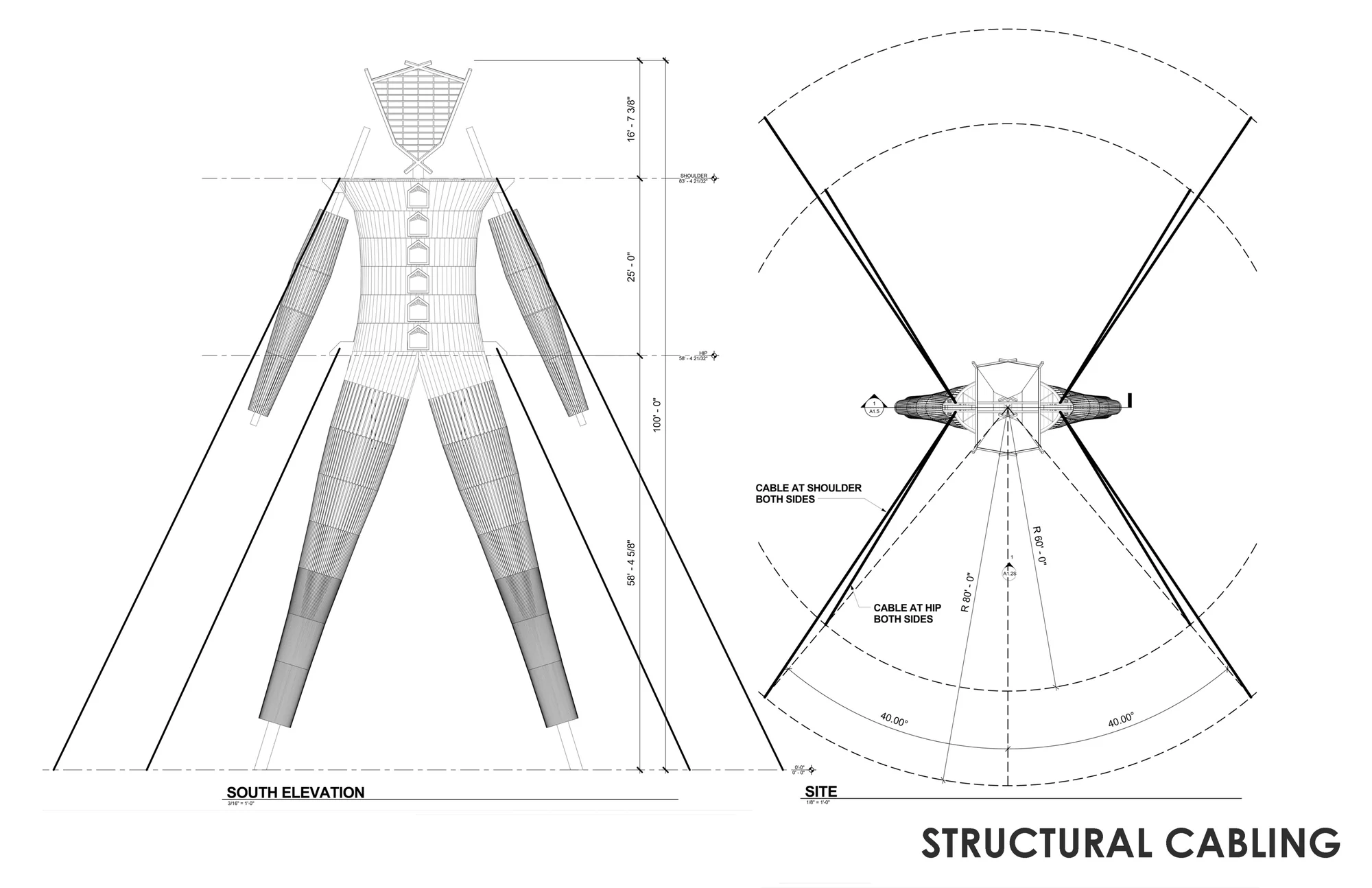 Elevation and plan of the structural cabling