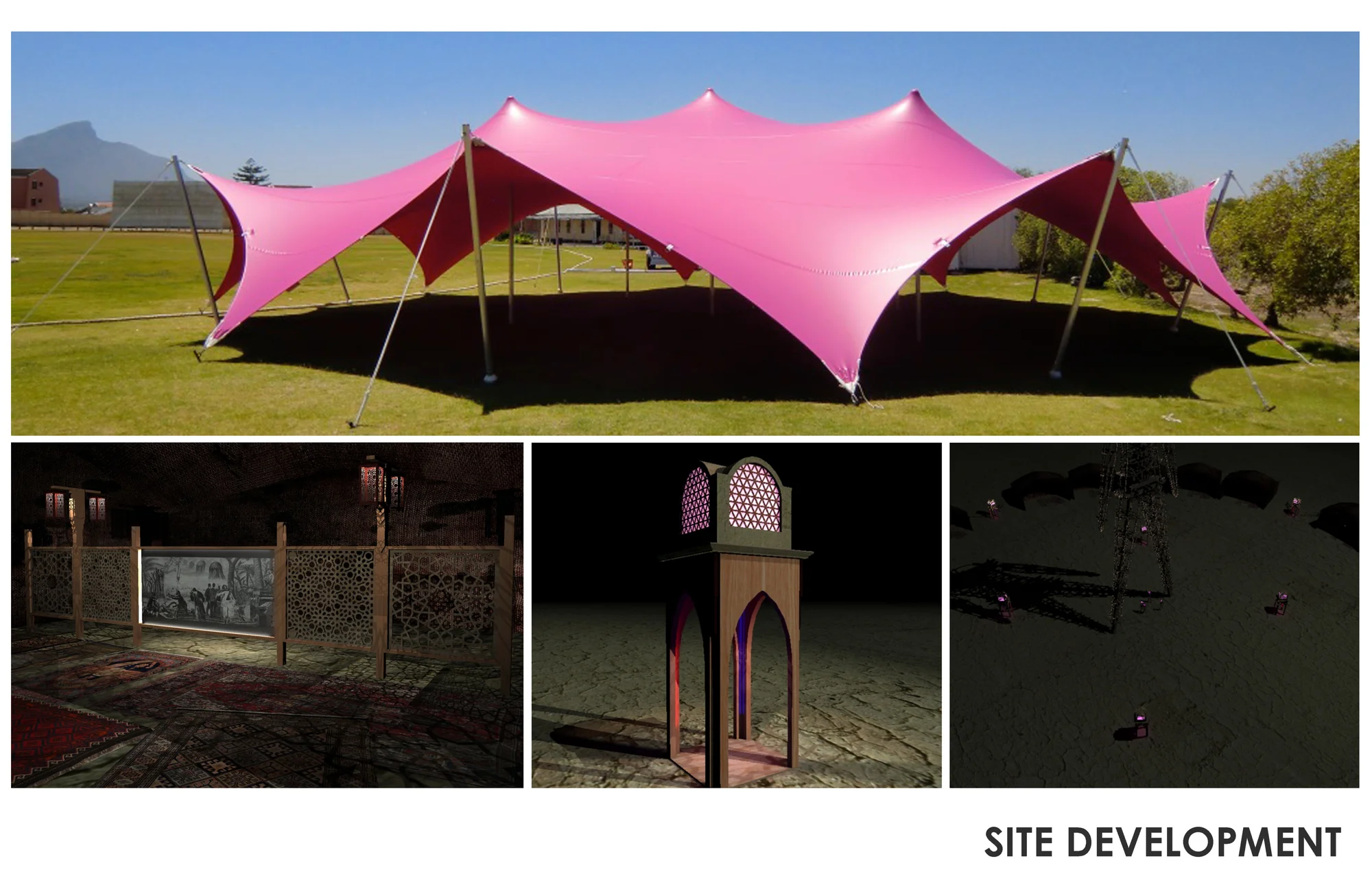 Pink tensile tent studies and site details
