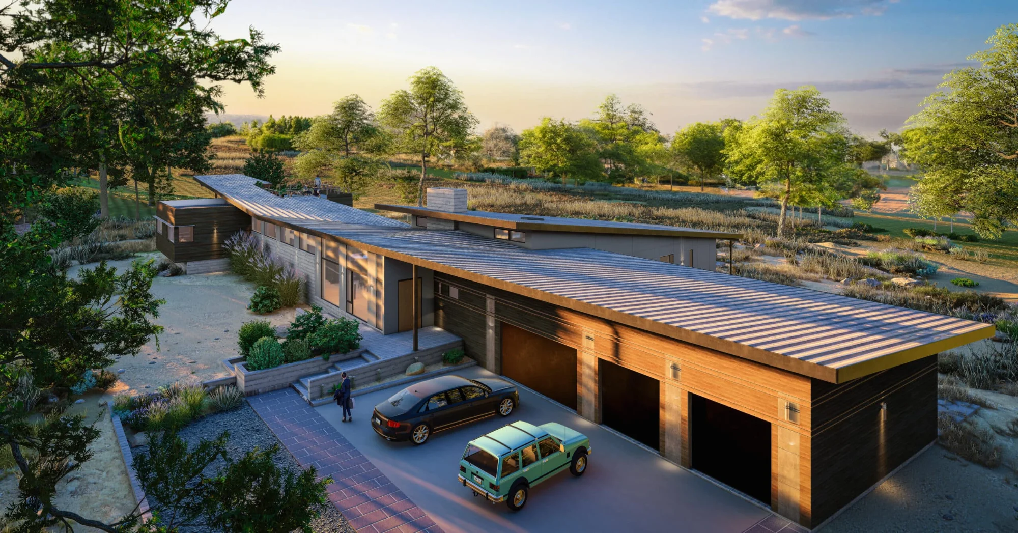 Aerial rendering of the long sloping roof and garage at sunset