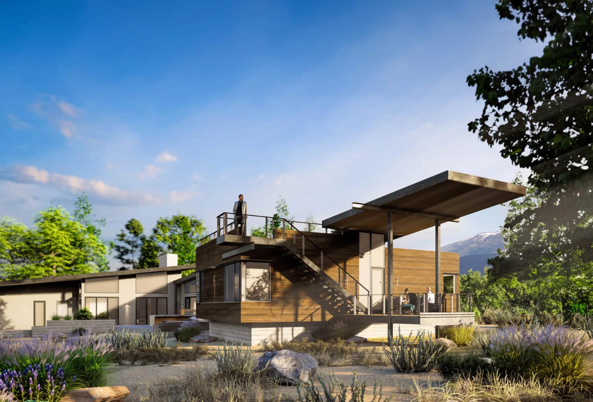 Rendering of the raised private wing and balcony above native landscaping