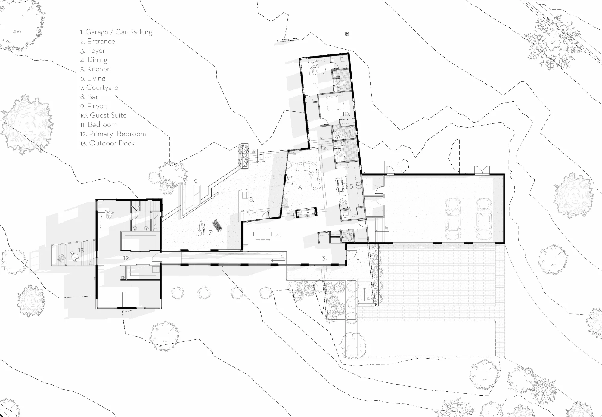 Floor plan of the Crosswind residence on its sloping site