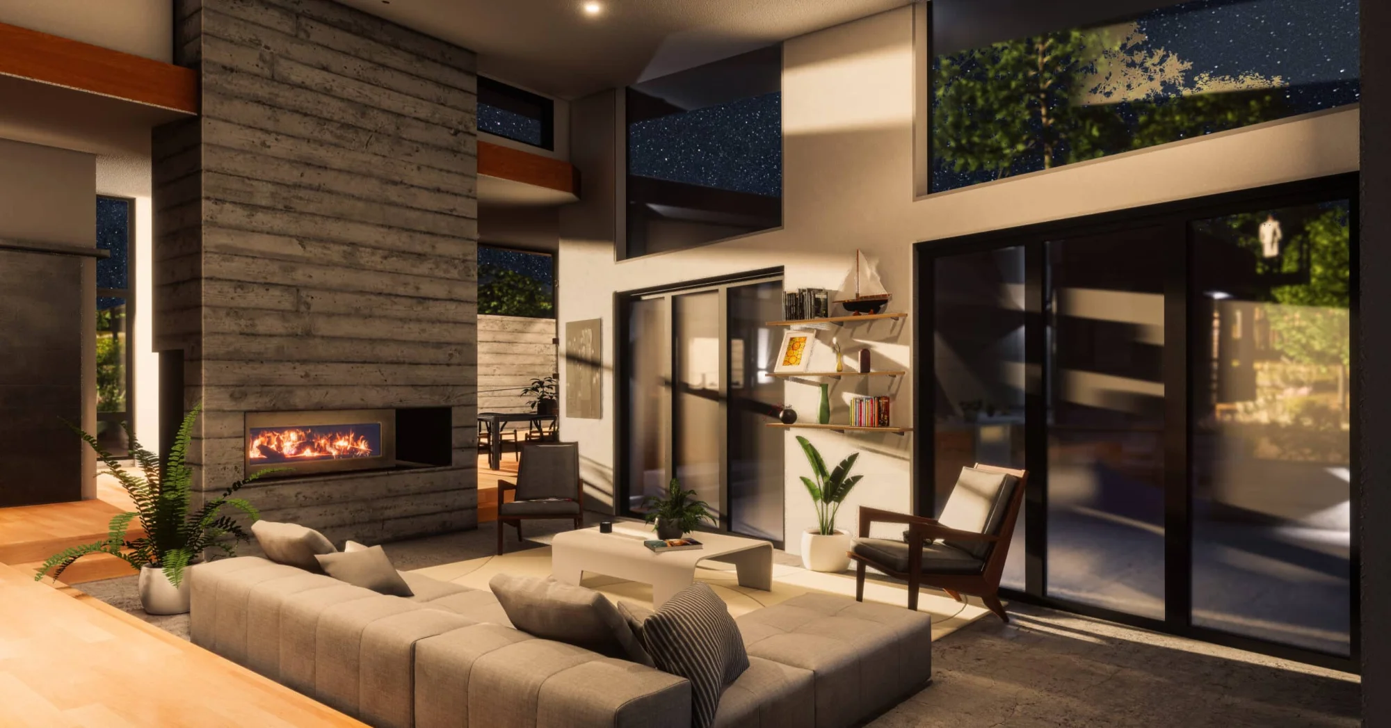 Living room with board-formed concrete fireplace wall and tall windows