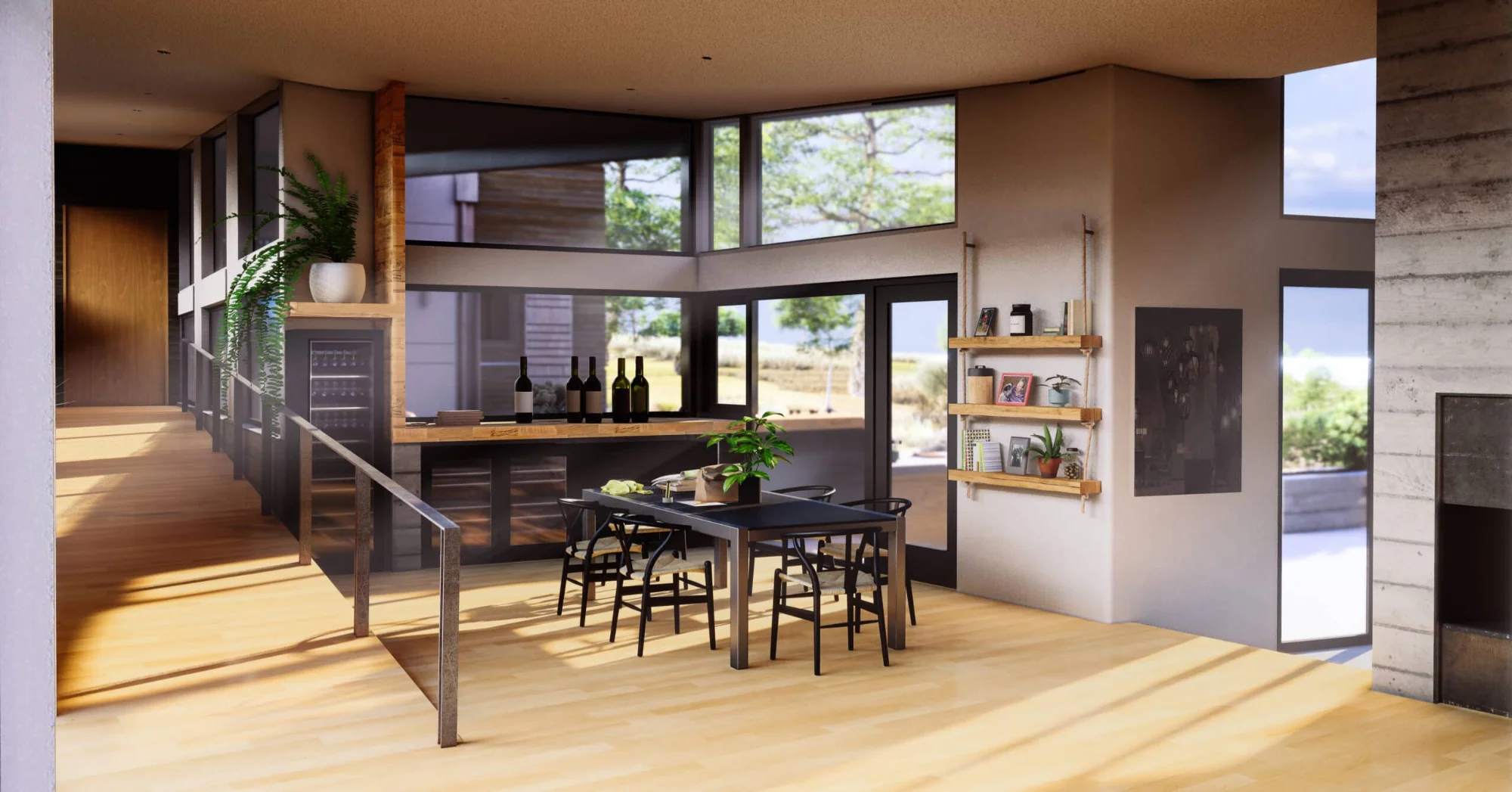 Dining area and bar washed in afternoon light