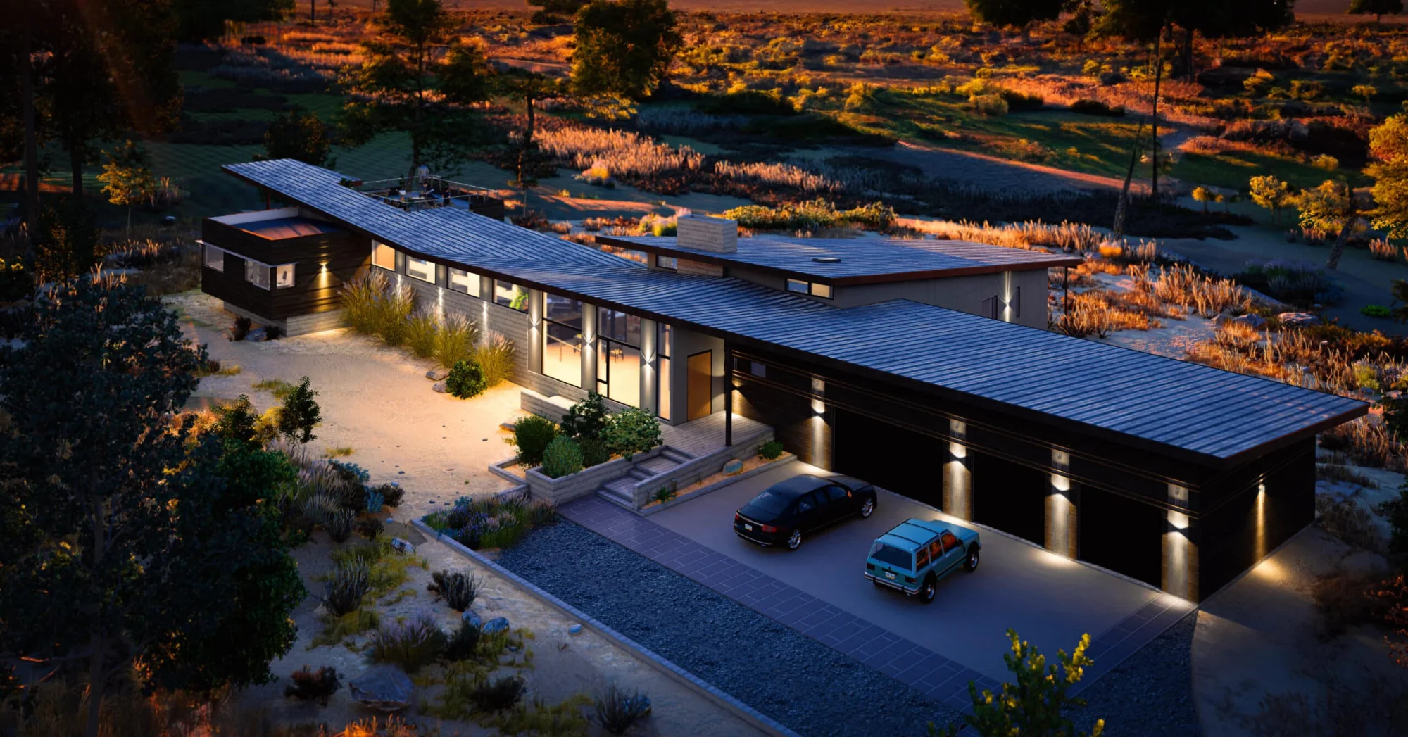 Aerial rendering of the residence lit at dusk