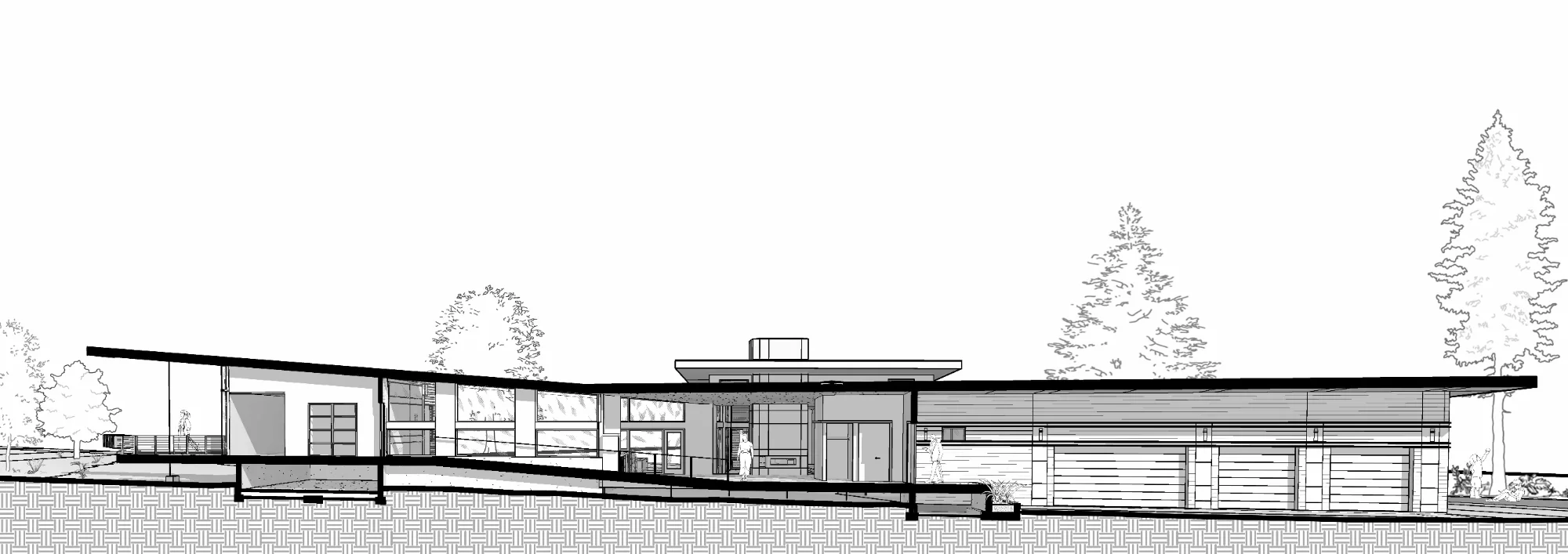 Section perspective showing the sloping ramp up to the raised private wing