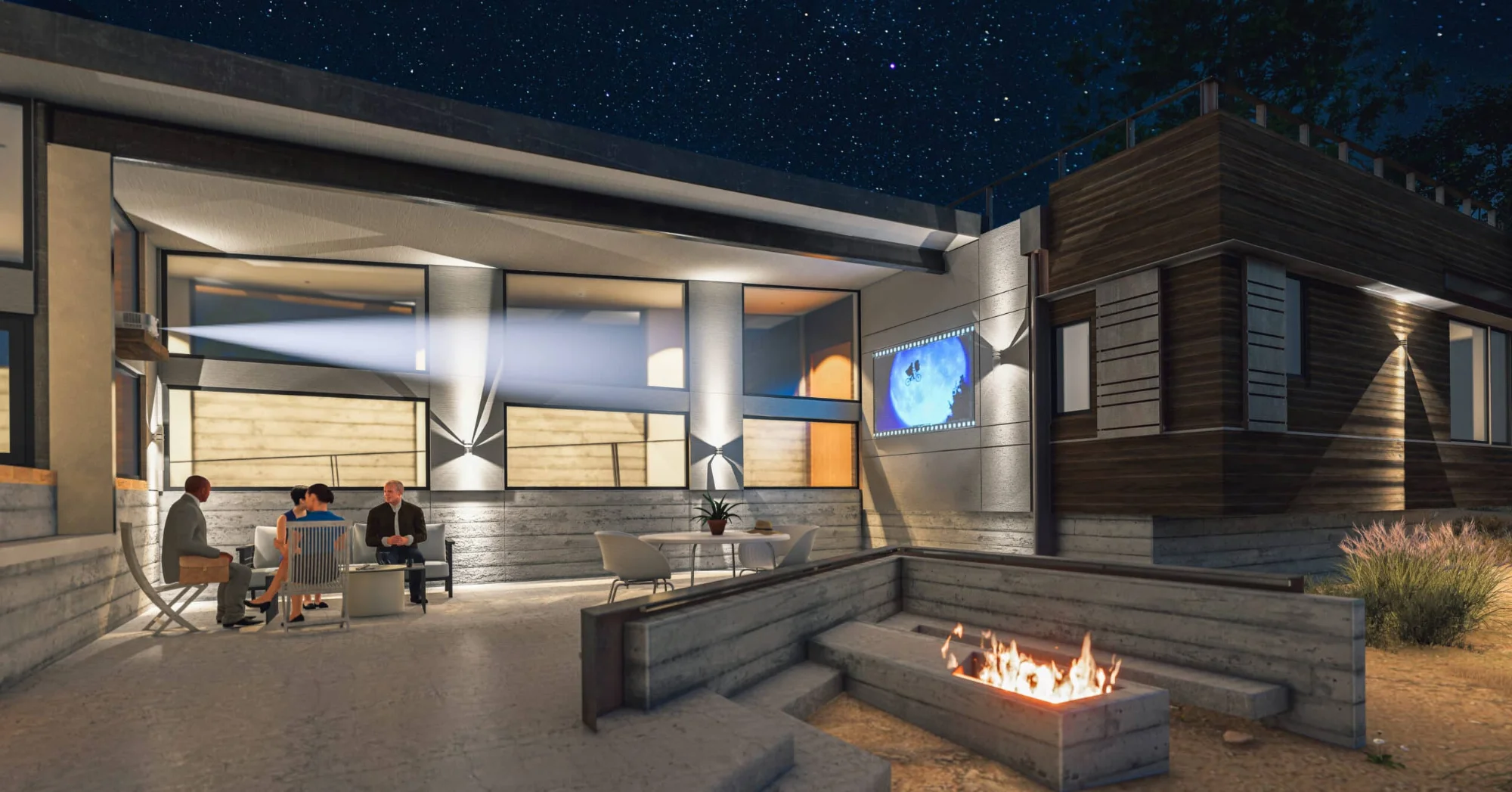Rear patio at night with stepped concrete seating and a fire pit