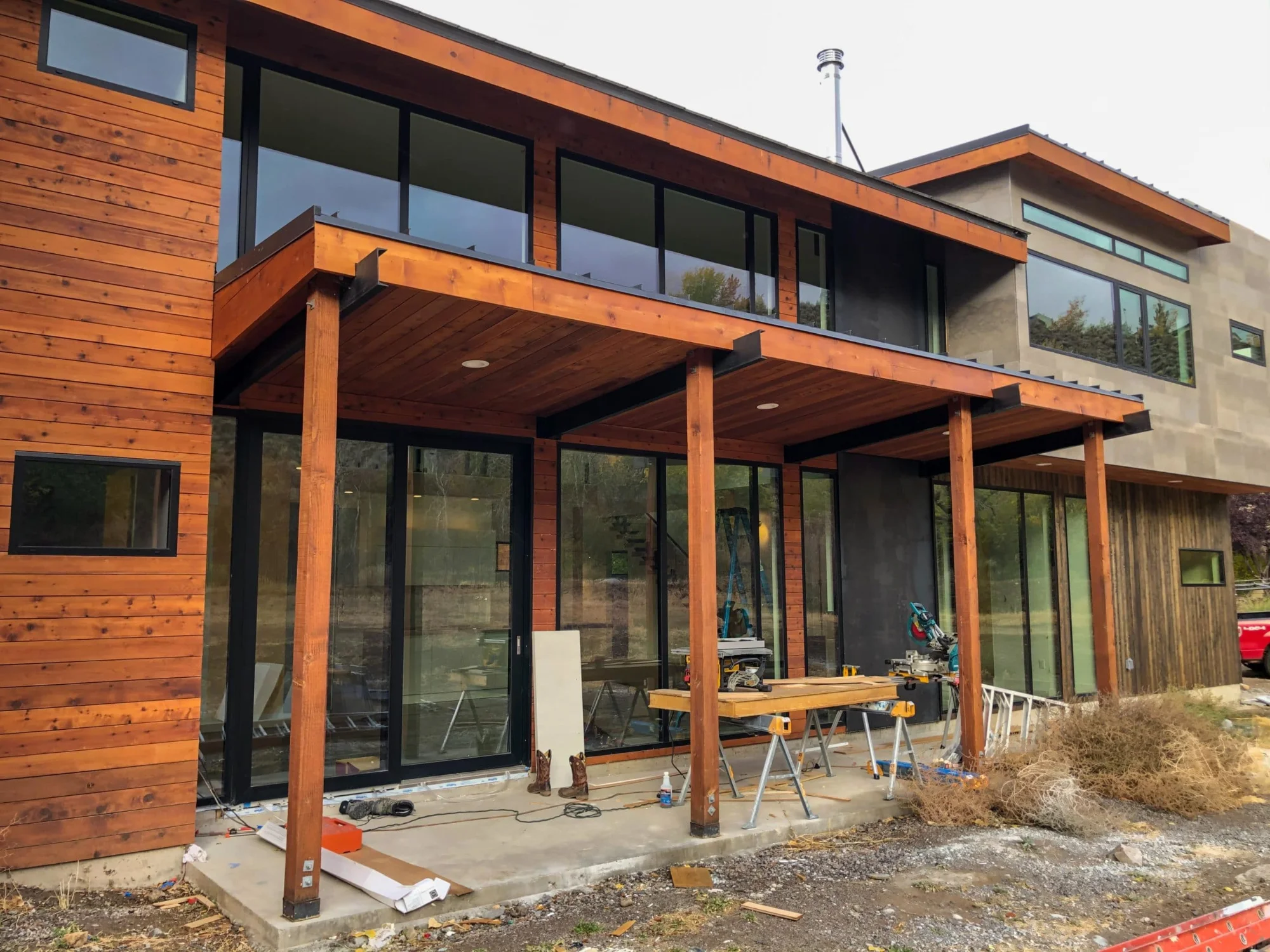 Covered outdoor patio under a timber roof