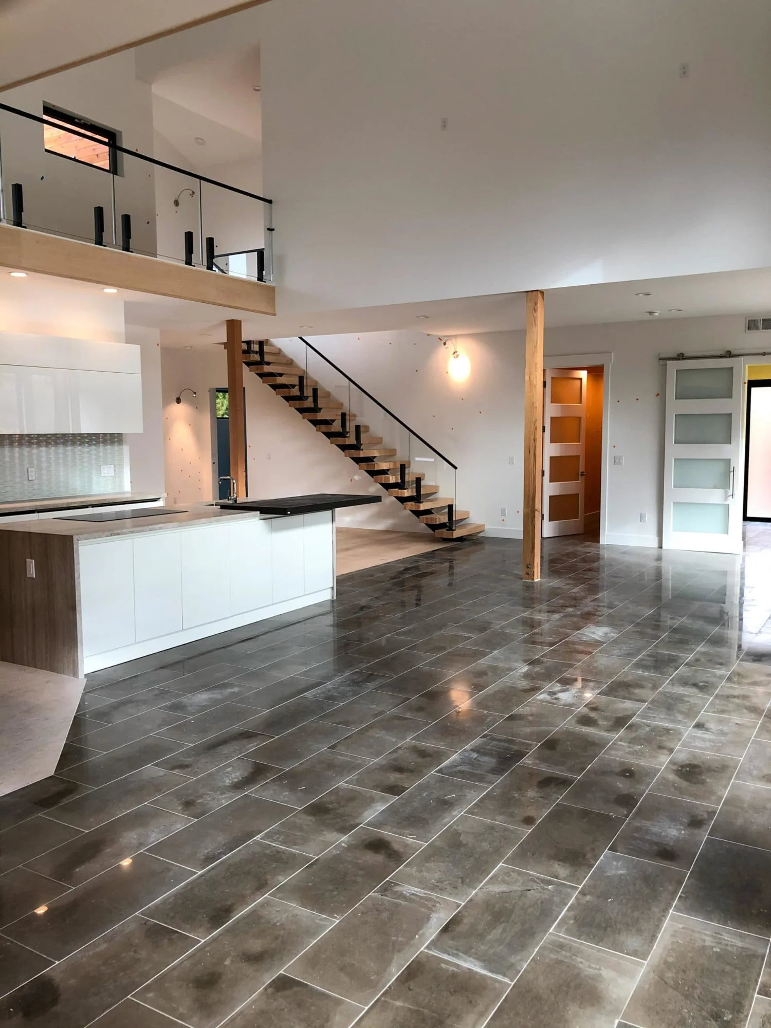 Interior stair and kitchen during construction