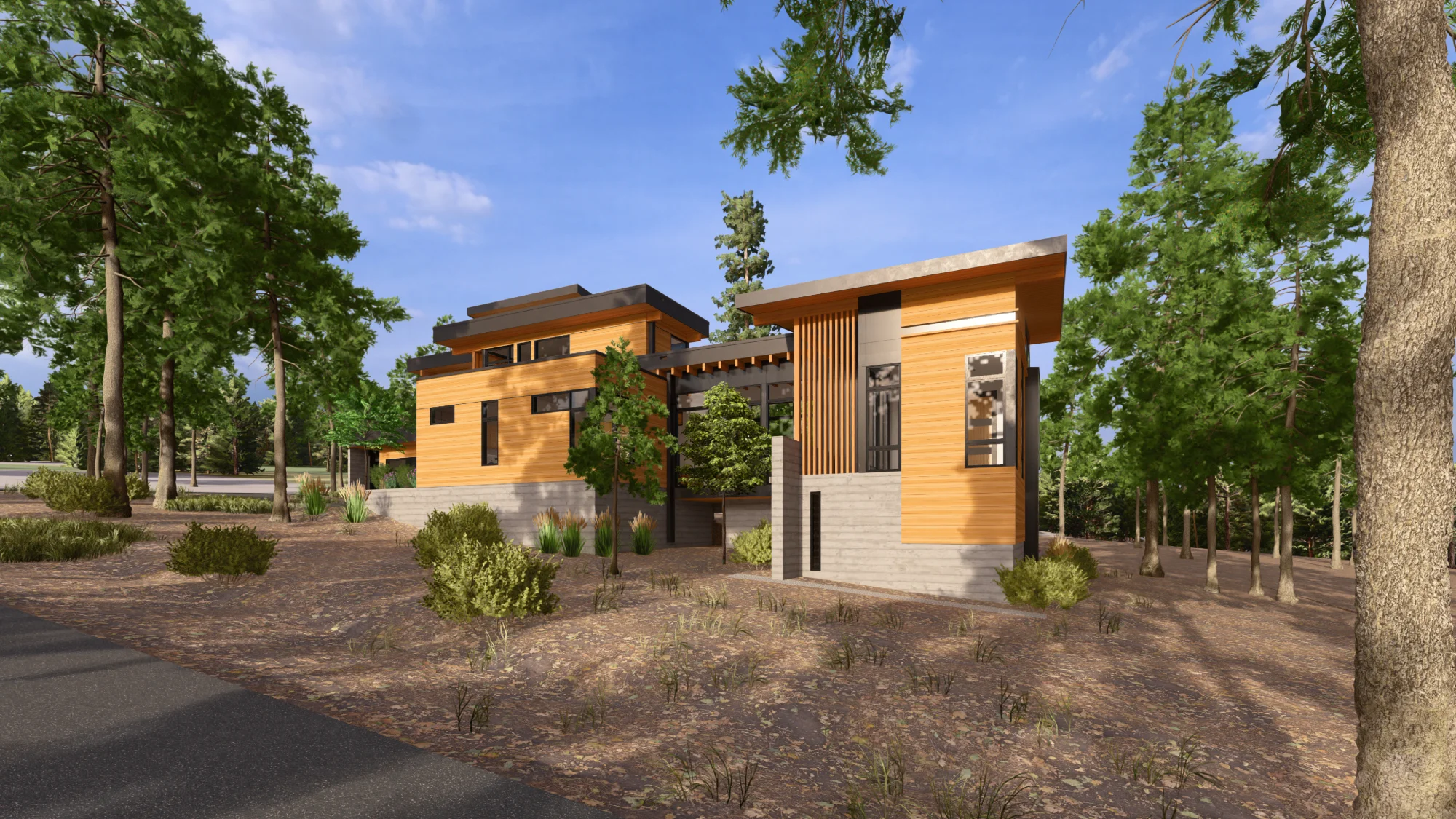 Rendering of the home from Kelley Drive among tall pines