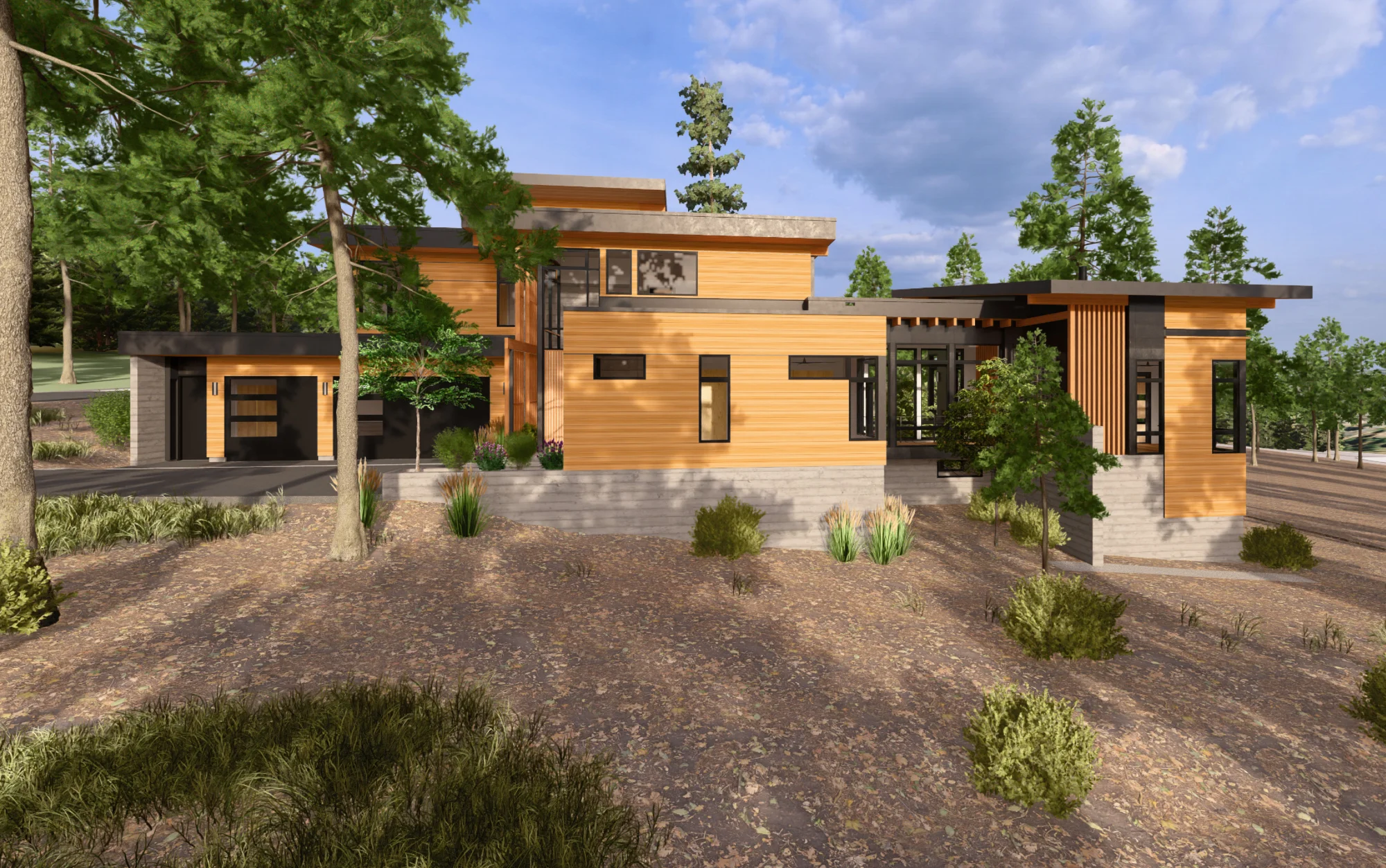 Rendering of the home stepping down the site seen straight on from Kelley Drive