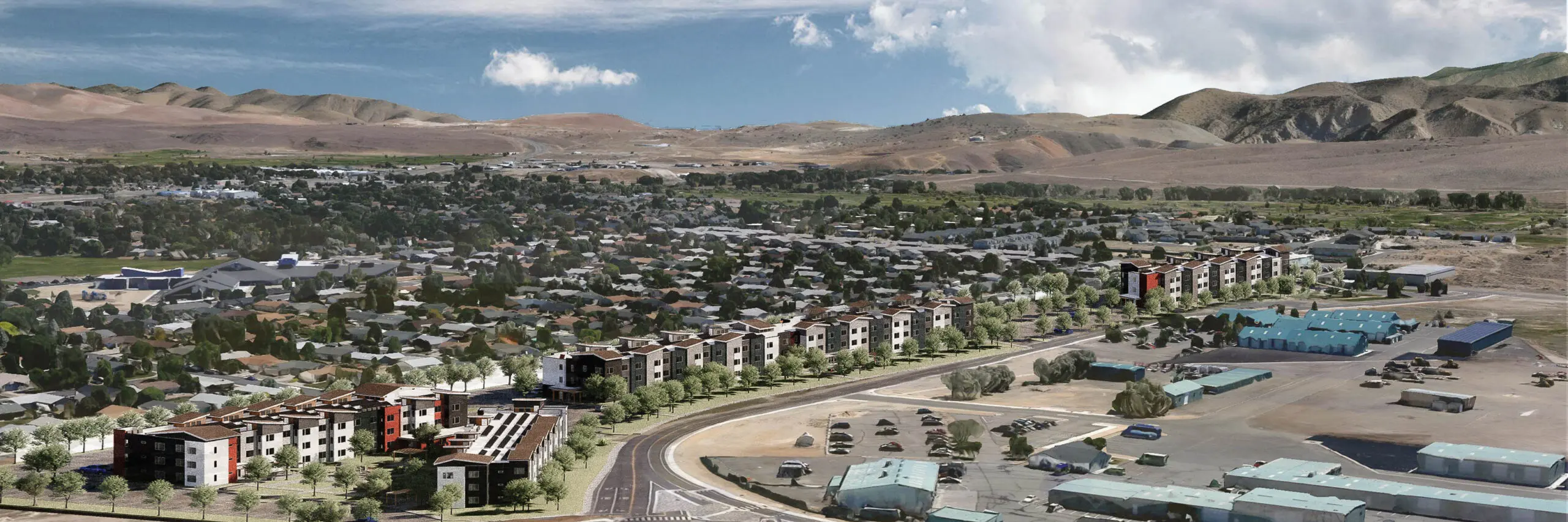 Aerial rendering of Sierra Flats within the Carson City neighborhood, with mountains beyond