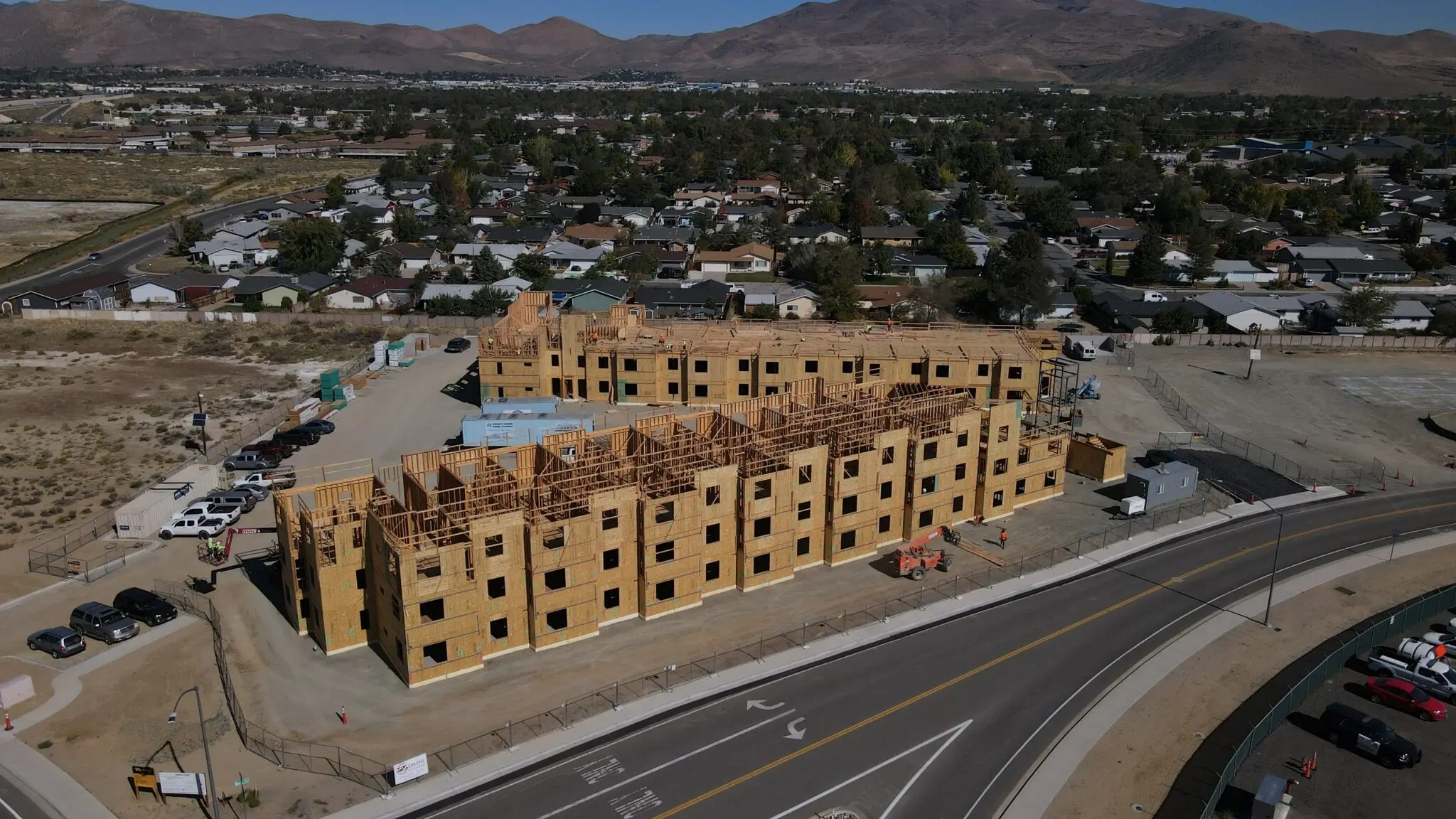 Aerial photo of Sierra Flats buildings during wood framing