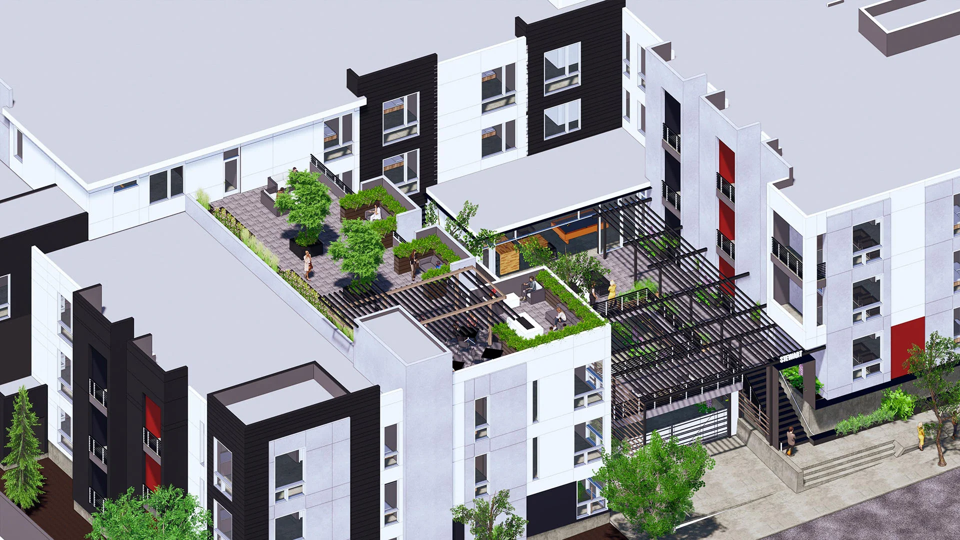 Aerial rendering of the building within the surrounding Reno neighborhood