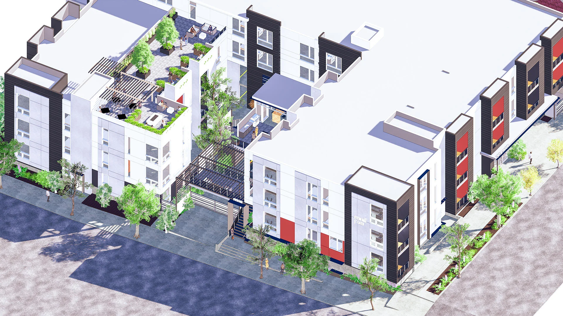 Birds-eye rendering of the Stewart Street building on its sloping corner lot