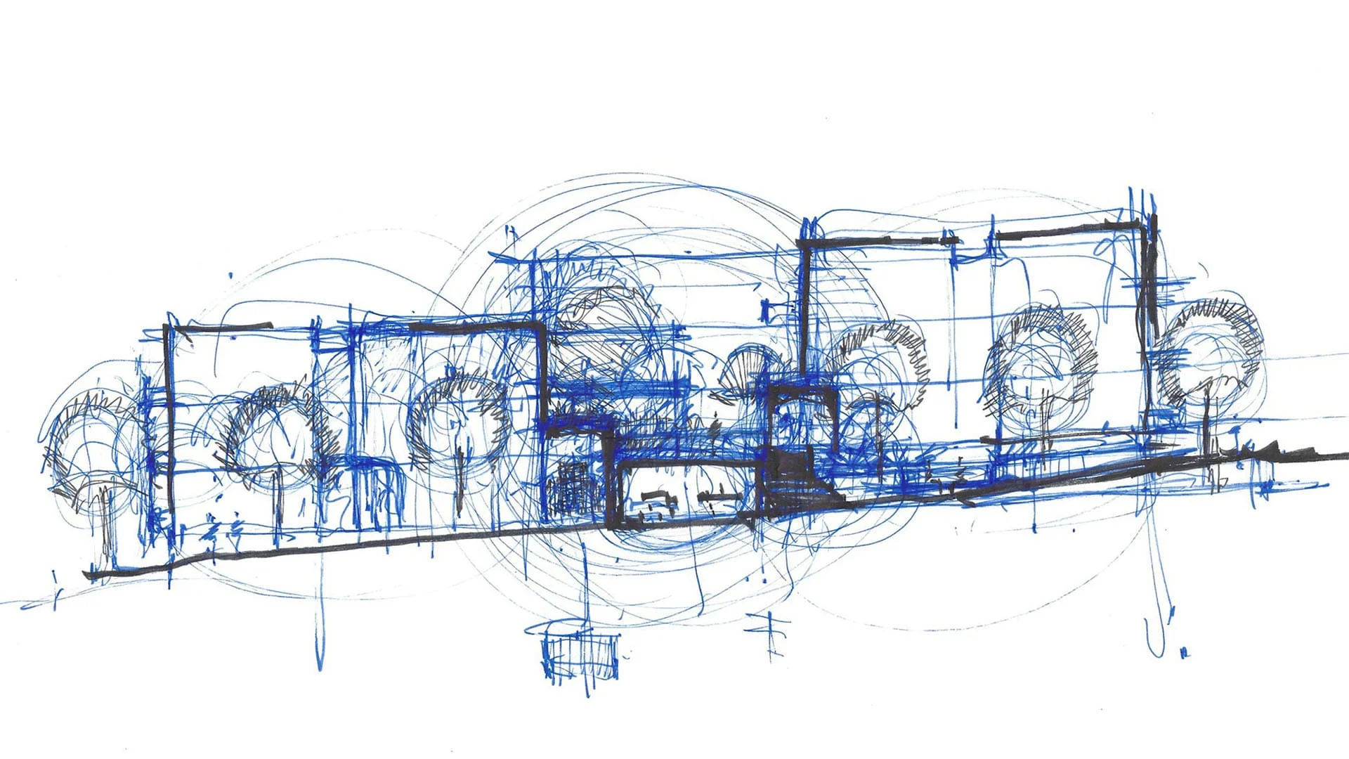 Blue line elevation sketch of the building